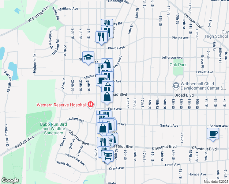 map of restaurants, bars, coffee shops, grocery stores, and more near 2059 Broad Boulevard in Cuyahoga Falls