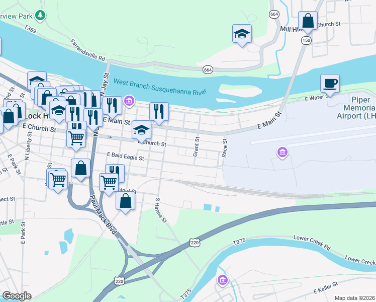 map of restaurants, bars, coffee shops, grocery stores, and more near Marys Alley in Lock Haven