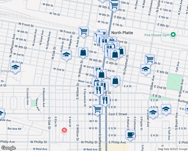 map of restaurants, bars, coffee shops, grocery stores, and more near 200 West 2nd Street in North Platte