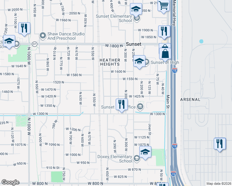 map of restaurants, bars, coffee shops, grocery stores, and more near 1441 North 350 West in Sunset