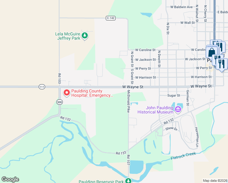 map of restaurants, bars, coffee shops, grocery stores, and more near 929 West Wayne Street in Paulding