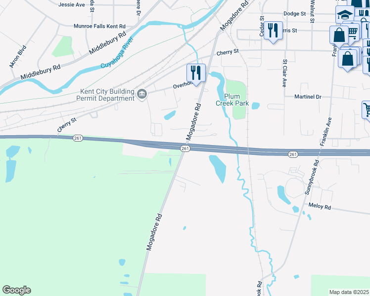 map of restaurants, bars, coffee shops, grocery stores, and more near Rte 261 & Mogadore Rd in Kent