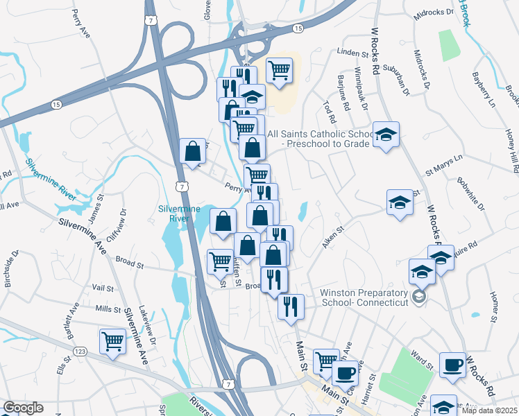 map of restaurants, bars, coffee shops, grocery stores, and more near 309 Main Avenue in Norwalk