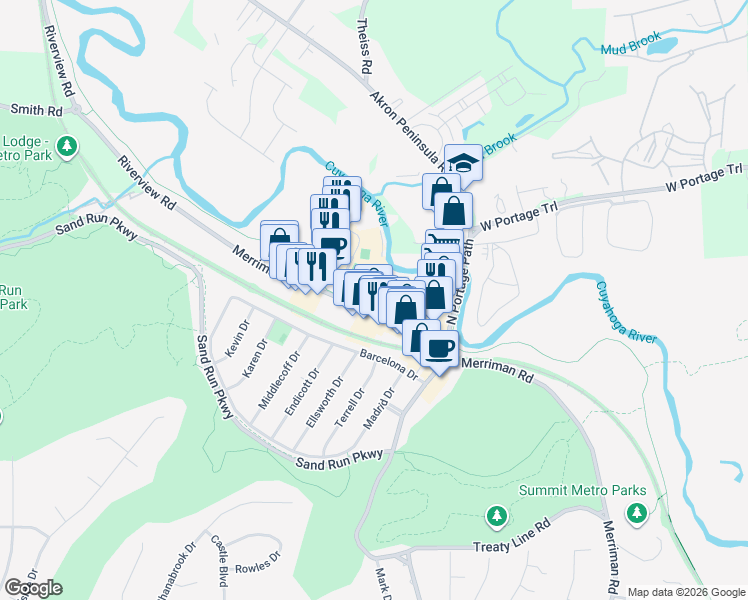 map of restaurants, bars, coffee shops, grocery stores, and more near 1730 Merriman Road in Akron