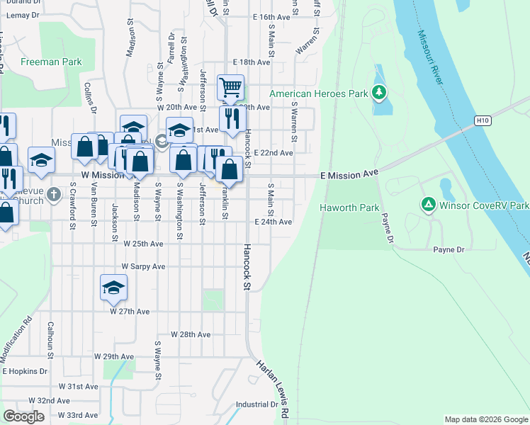 map of restaurants, bars, coffee shops, grocery stores, and more near 2311 Hancock Street in Bellevue