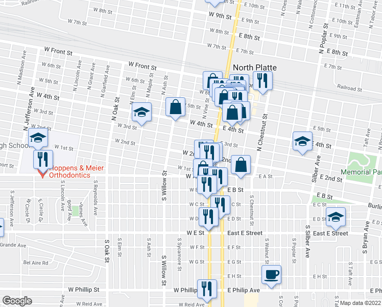 map of restaurants, bars, coffee shops, grocery stores, and more near 210 West 2nd Street in North Platte