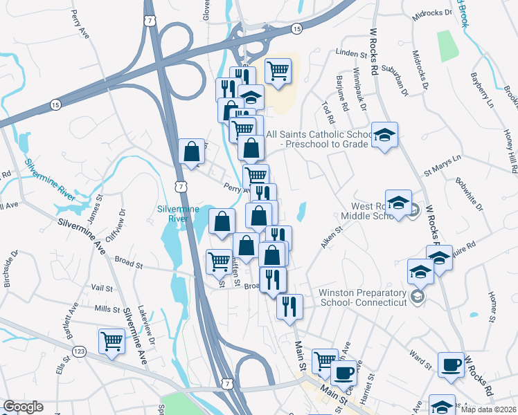 map of restaurants, bars, coffee shops, grocery stores, and more near 309 Main Avenue in Norwalk