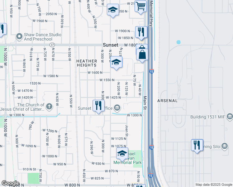 map of restaurants, bars, coffee shops, grocery stores, and more near 1443 North 200 West in Sunset