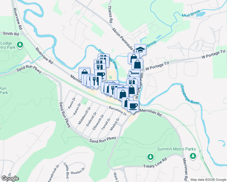 map of restaurants, bars, coffee shops, grocery stores, and more near 1730 Merriman Road in Akron