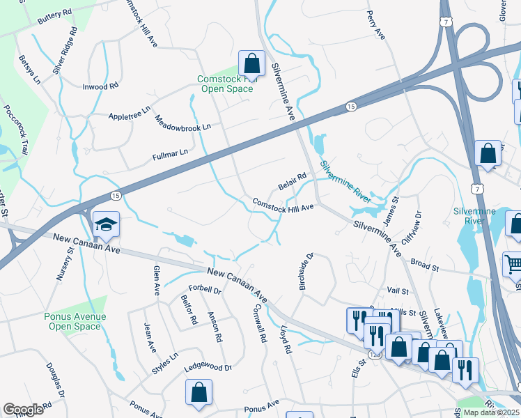 map of restaurants, bars, coffee shops, grocery stores, and more near 21 Comstock Hill Avenue in Norwalk
