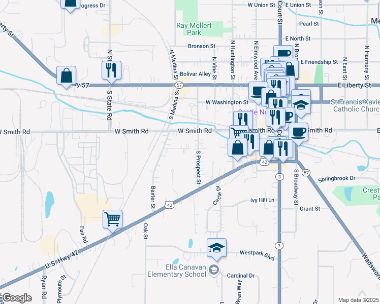 map of restaurants, bars, coffee shops, grocery stores, and more near 361 South Prospect Street in Medina
