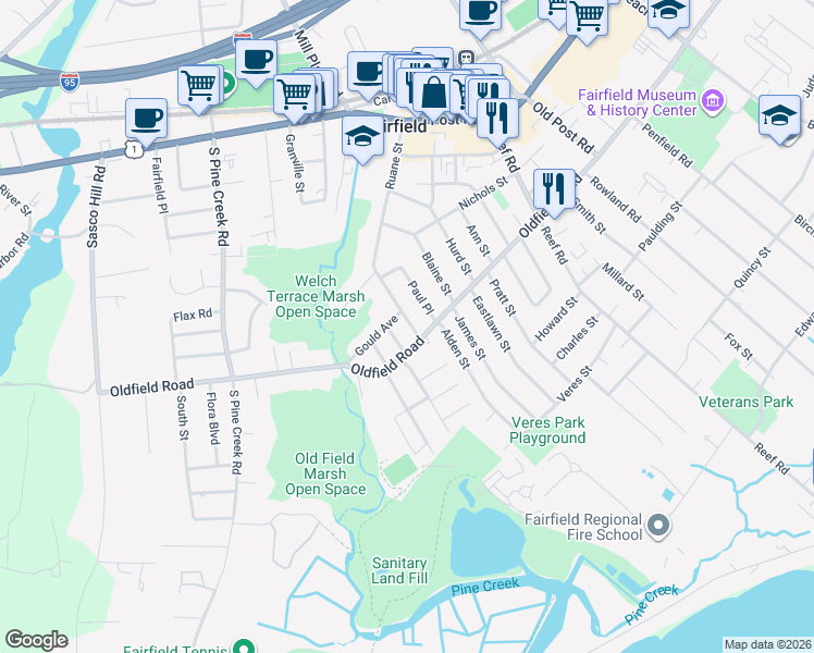 map of restaurants, bars, coffee shops, grocery stores, and more near 464 Ruane Street in Fairfield