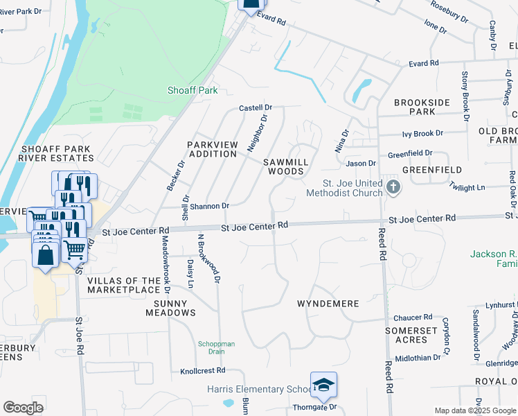 map of restaurants, bars, coffee shops, grocery stores, and more near 5801 Sawmill Woods Boulevard in Fort Wayne