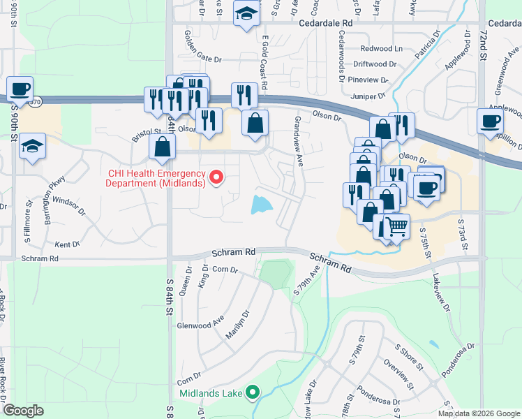 map of restaurants, bars, coffee shops, grocery stores, and more near 1610 Grandview Avenue in Papillion