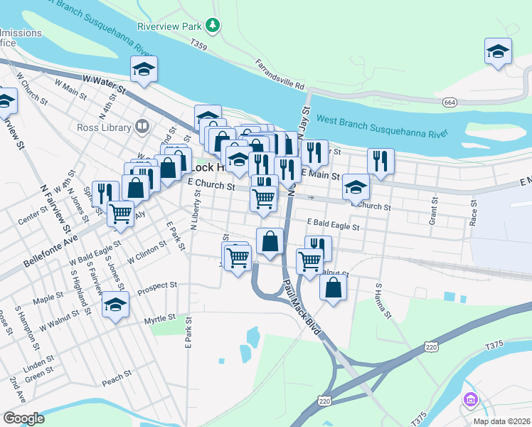 map of restaurants, bars, coffee shops, grocery stores, and more near 20 North Grove Street in Lock Haven