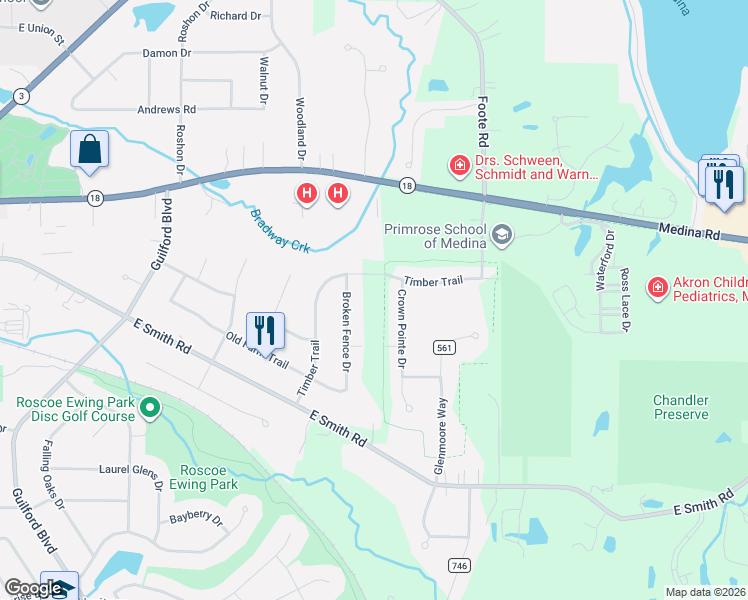map of restaurants, bars, coffee shops, grocery stores, and more near 4138 Timber Trail in Medina