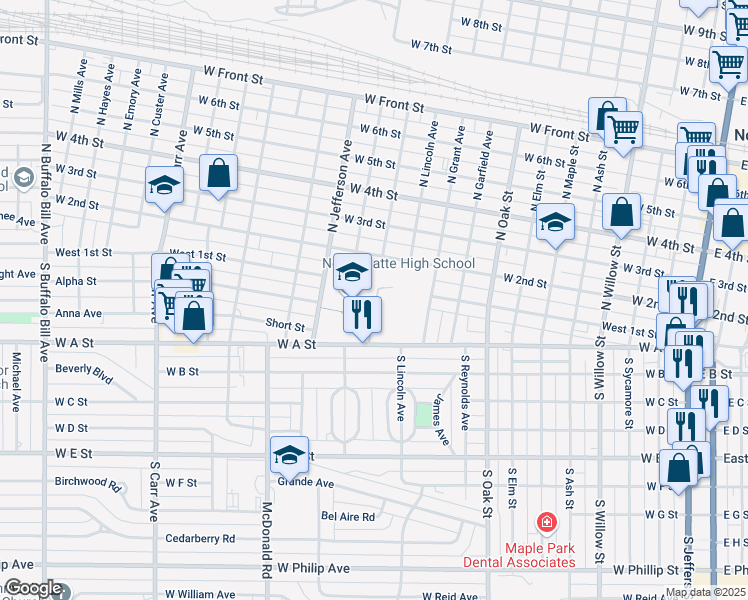 map of restaurants, bars, coffee shops, grocery stores, and more near 1220 West 2nd Street in North Platte
