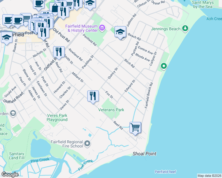 map of restaurants, bars, coffee shops, grocery stores, and more near 70 Fox Street in Fairfield