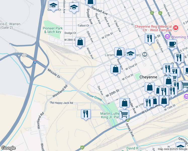 map of restaurants, bars, coffee shops, grocery stores, and more near 1122 West 23rd Street in Cheyenne