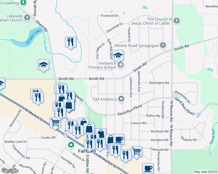 map of restaurants, bars, coffee shops, grocery stores, and more near 310 Corunna Avenue in Fairlawn