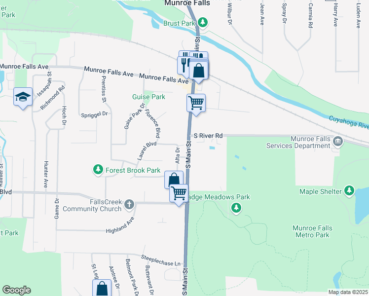 map of restaurants, bars, coffee shops, grocery stores, and more near 147 South Main Street in Munroe Falls