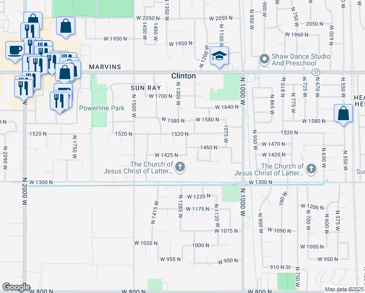 map of restaurants, bars, coffee shops, grocery stores, and more near 1463 North 1250 West in Clinton