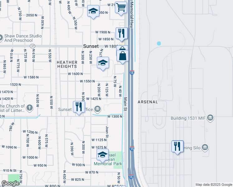 map of restaurants, bars, coffee shops, grocery stores, and more near 1462 North 75 West in Sunset