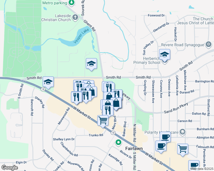 map of restaurants, bars, coffee shops, grocery stores, and more near 175 Ghent Road in Fairlawn