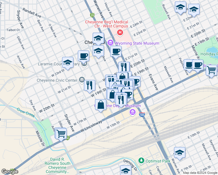 map of restaurants, bars, coffee shops, grocery stores, and more near Carey Ave & W 19th St in Cheyenne
