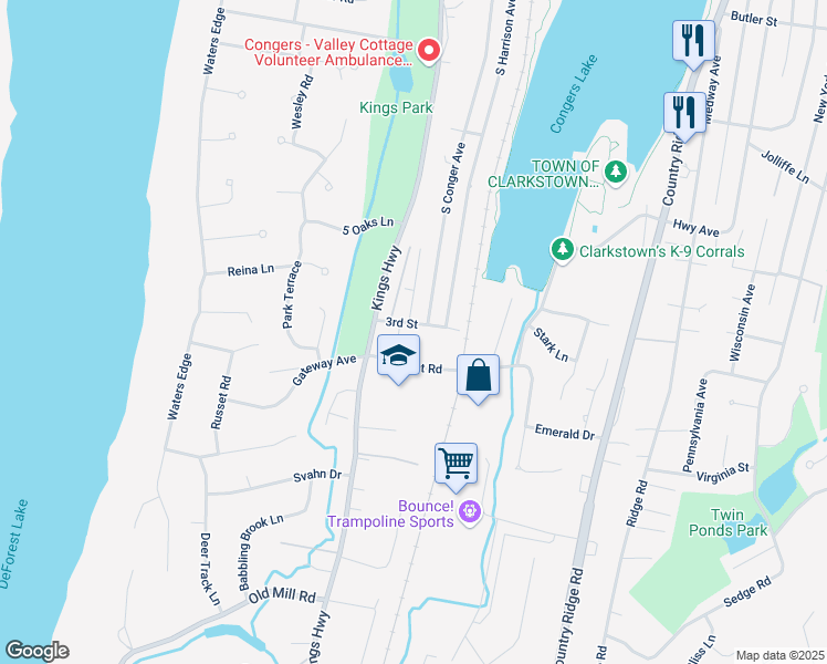 map of restaurants, bars, coffee shops, grocery stores, and more near 21 3rd Street in Congers