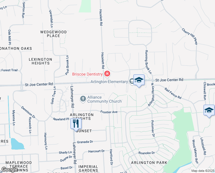 map of restaurants, bars, coffee shops, grocery stores, and more near 7810 Saint Joe Center Road in Fort Wayne