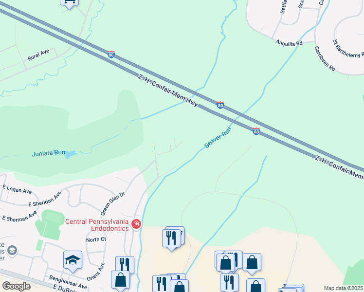 map of restaurants, bars, coffee shops, grocery stores, and more near 2060 Green Glen Drive in DuBois