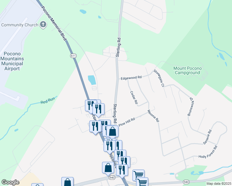 map of restaurants, bars, coffee shops, grocery stores, and more near 164 Sterling Road in Mount Pocono