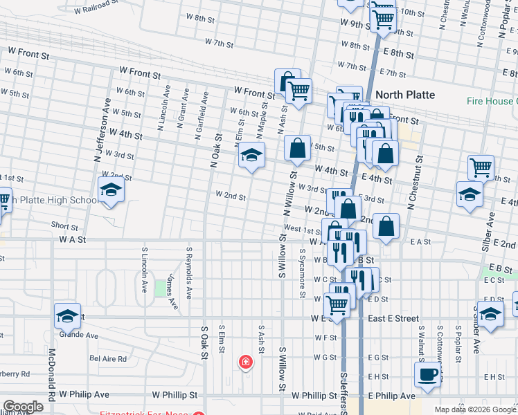 map of restaurants, bars, coffee shops, grocery stores, and more near 421 West 1st Street in North Platte