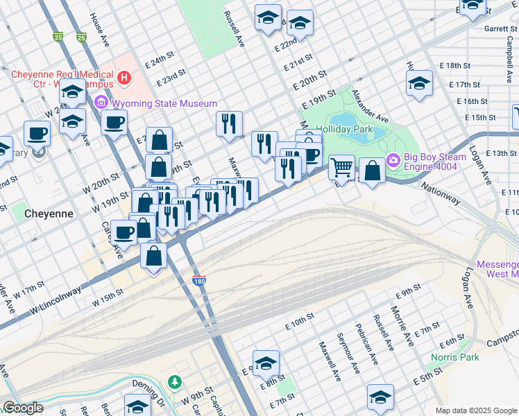 map of restaurants, bars, coffee shops, grocery stores, and more near 602-698 E 15th St in Cheyenne