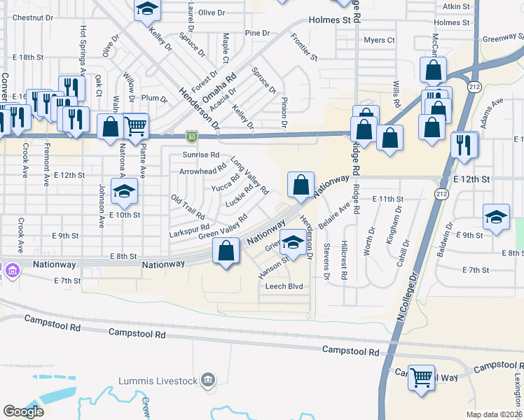 map of restaurants, bars, coffee shops, grocery stores, and more near Lucky Court in Cheyenne