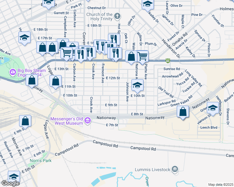 map of restaurants, bars, coffee shops, grocery stores, and more near 916 Hot Springs Avenue in Cheyenne
