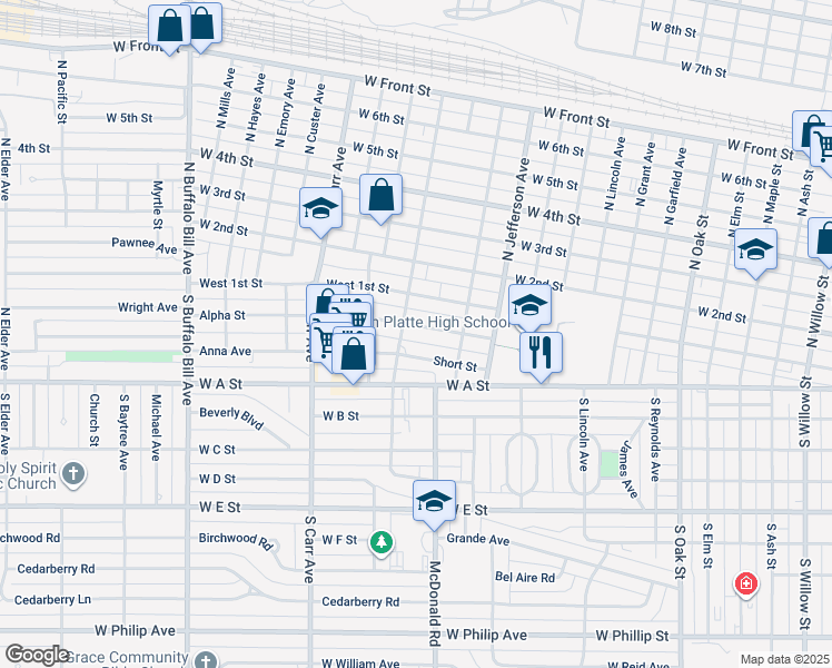 map of restaurants, bars, coffee shops, grocery stores, and more near 1612 Alpha Street in North Platte