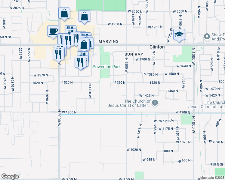map of restaurants, bars, coffee shops, grocery stores, and more near 1473 North 1615 West in Clinton