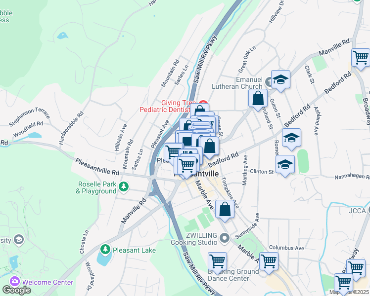 map of restaurants, bars, coffee shops, grocery stores, and more near 405 Manville Road in Pleasantville