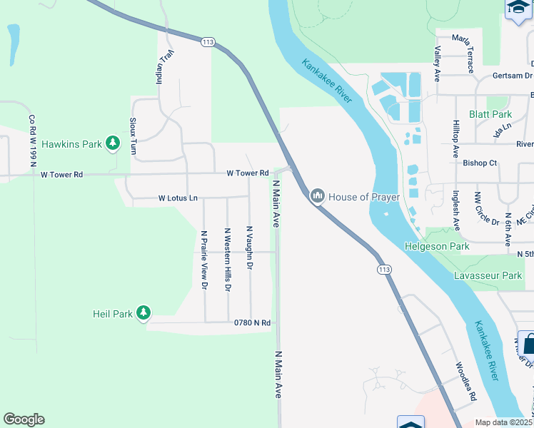 map of restaurants, bars, coffee shops, grocery stores, and more near 1075 North Vaughn Drive in Kankakee