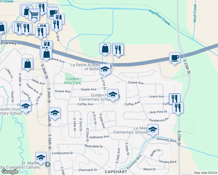 map of restaurants, bars, coffee shops, grocery stores, and more near 3000 Duane Avenue in Bellevue