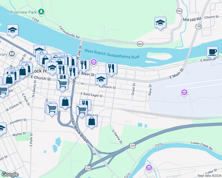map of restaurants, bars, coffee shops, grocery stores, and more near 509 East Bald Eagle Street in Lock Haven