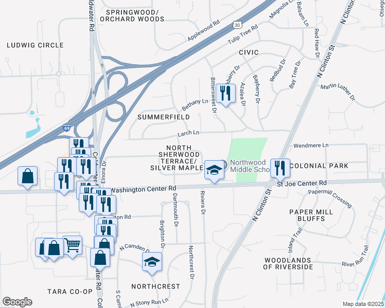 map of restaurants, bars, coffee shops, grocery stores, and more near 6102 Dartmouth Drive in Fort Wayne