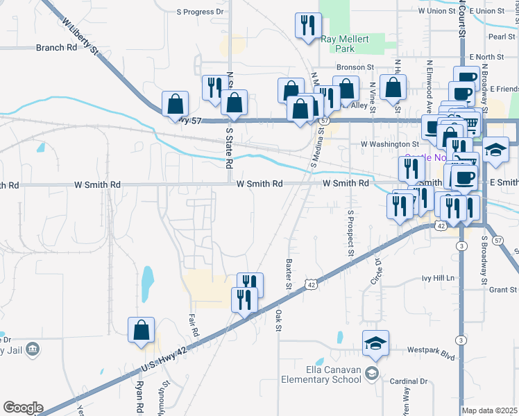 map of restaurants, bars, coffee shops, grocery stores, and more near 700 West Smith Road in Medina