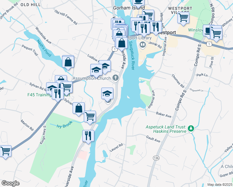 map of restaurants, bars, coffee shops, grocery stores, and more near 170 Riverside Avenue in Westport