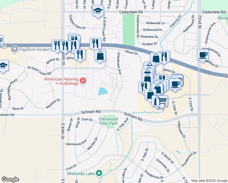 map of restaurants, bars, coffee shops, grocery stores, and more near 1600 Grandview Avenue in Papillion