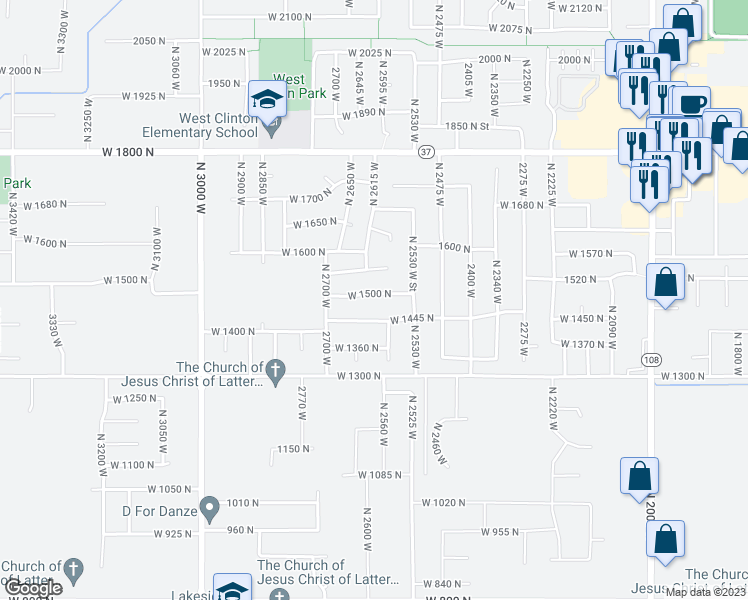 map of restaurants, bars, coffee shops, grocery stores, and more near 2617 West 1500 North in Clinton