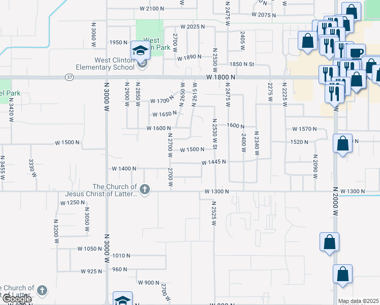 map of restaurants, bars, coffee shops, grocery stores, and more near 2623 West 1500 North in Clinton