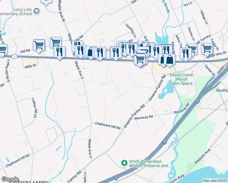 map of restaurants, bars, coffee shops, grocery stores, and more near 305 Lansdowne in Westport